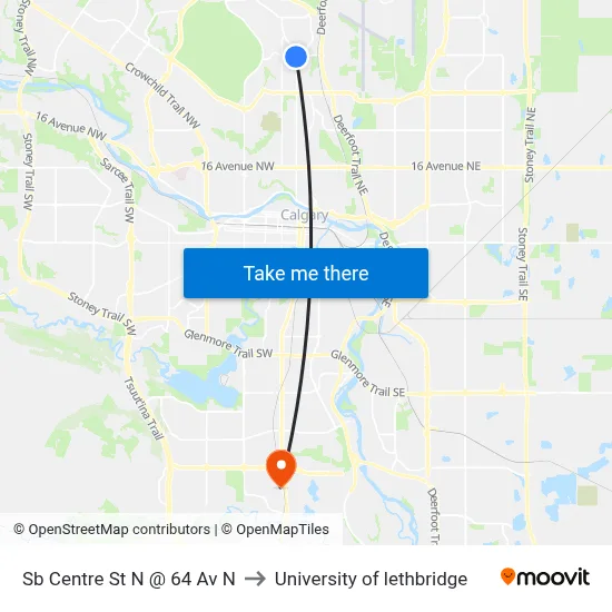 Sb Centre St N @ 64 Av N to University of lethbridge map