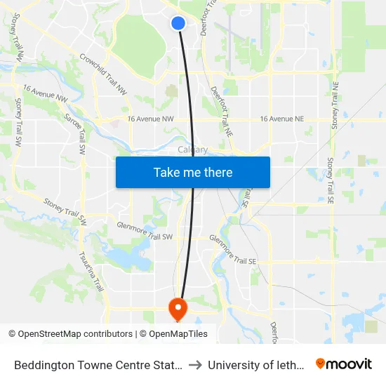 Beddington Towne Centre Station (Sb) to University of lethbridge map