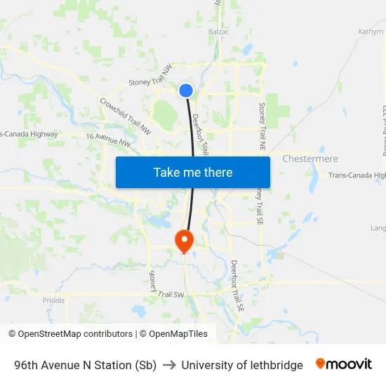 96th Avenue N Station (Sb) to University of lethbridge map