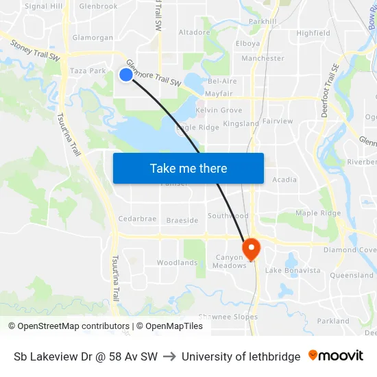 Sb Lakeview Dr @ 58 Av SW to University of lethbridge map