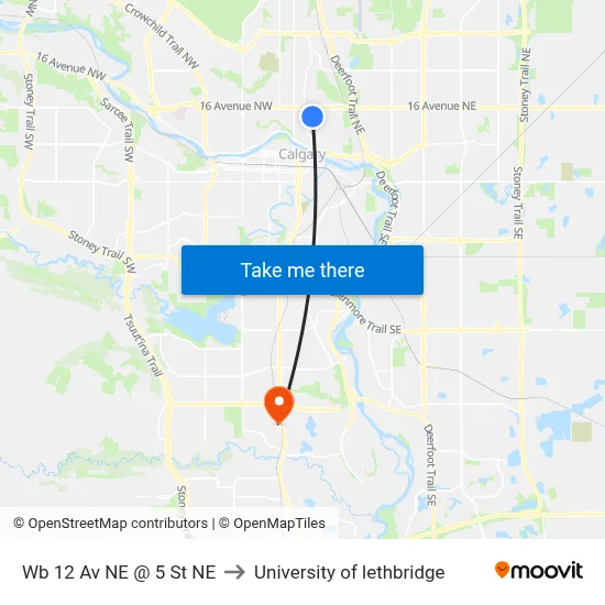 Wb 12 Av NE @ 5 St NE to University of lethbridge map