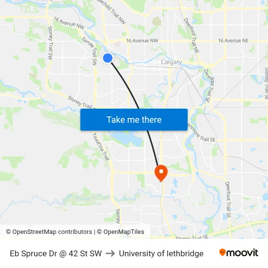 Eb Spruce Dr @ 42 St SW to University of lethbridge map