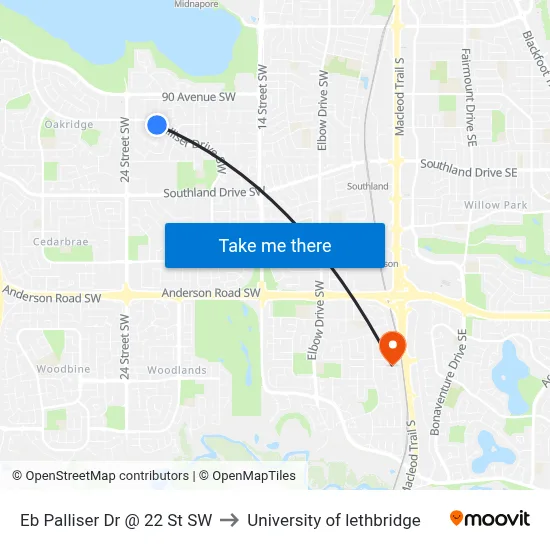Eb Palliser Dr @ 22 St SW to University of lethbridge map