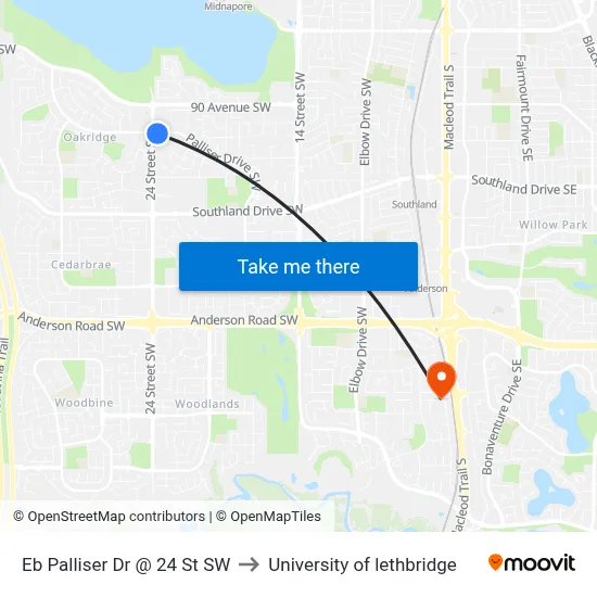 Eb Palliser Dr @ 24 St SW to University of lethbridge map