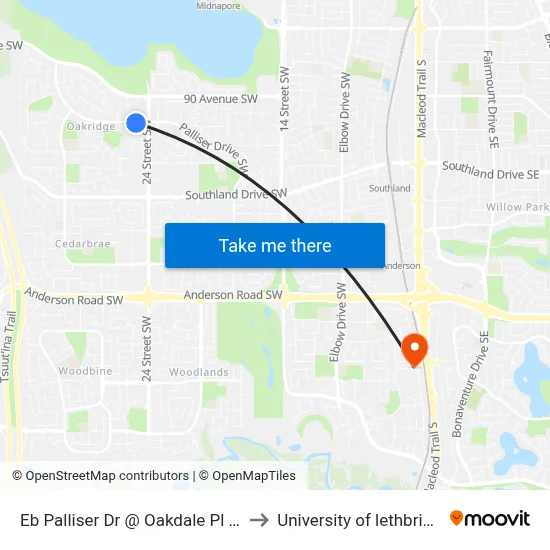 Eb Palliser Dr @ Oakdale Pl SW to University of lethbridge map