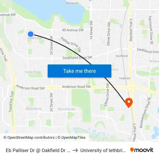 Eb Palliser Dr @ Oakfield Dr SW to University of lethbridge map