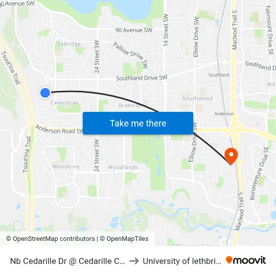 Nb Cedarille Dr @ Cedarille Cr SW to University of lethbridge map