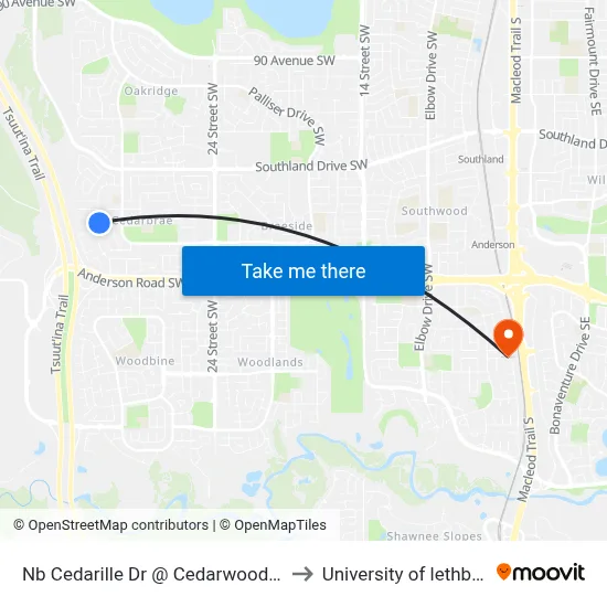 Nb Cedarille Dr @ Cedarwood Hl SW to University of lethbridge map