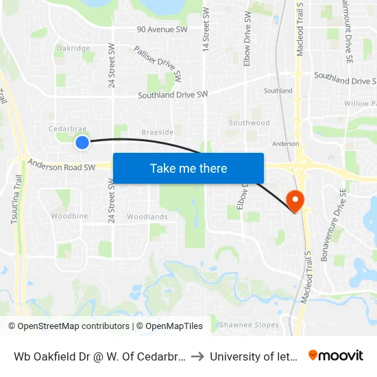 Wb Oakfield Dr @ W. Of Cedarbrook Ba SW to University of lethbridge map