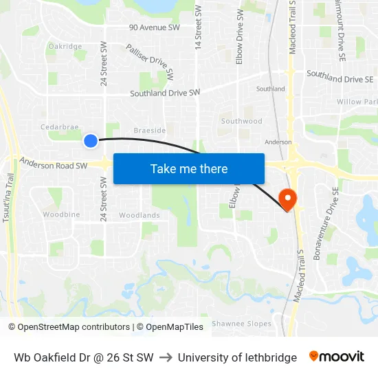 Wb Oakfield Dr @ 26 St SW to University of lethbridge map