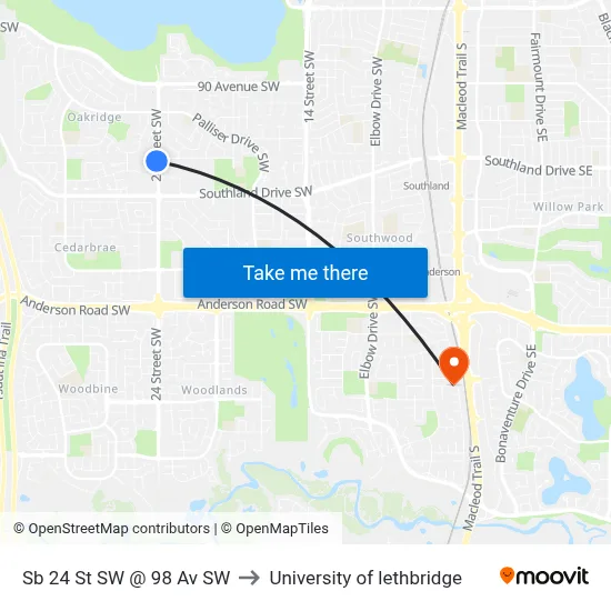 Sb 24 St SW @ 98 Av SW to University of lethbridge map