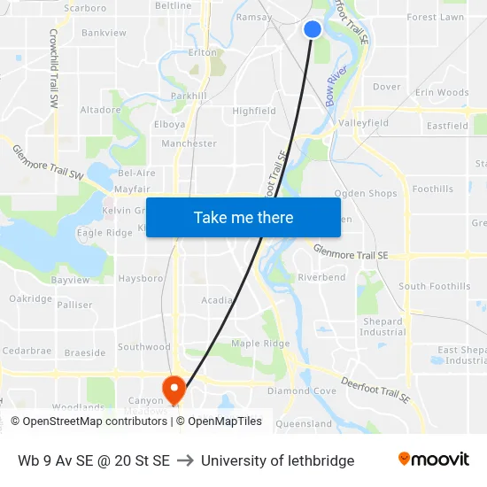 Wb 9 Av SE @ 20 St SE to University of lethbridge map