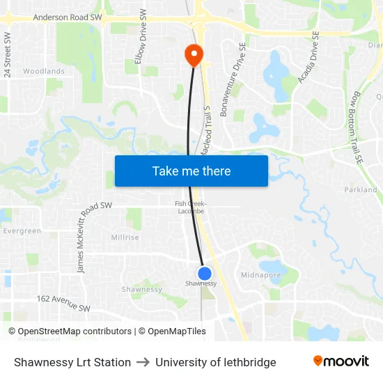 Shawnessy Lrt Station to University of lethbridge map