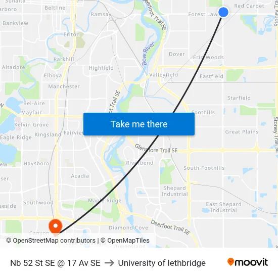 Nb 52 St SE @ 17 Av SE to University of lethbridge map