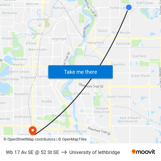 Wb 17 Av SE @ 52 St SE to University of lethbridge map