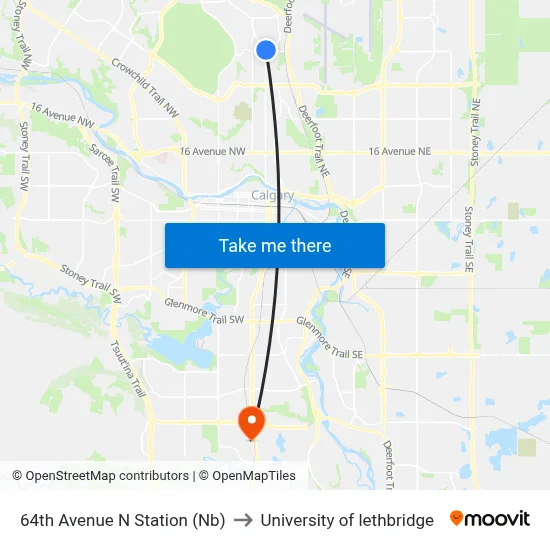 64th Avenue N Station (Nb) to University of lethbridge map