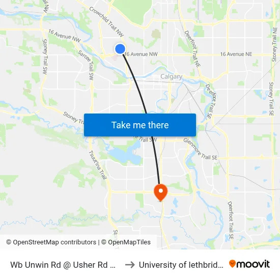 Wb Unwin Rd @ Usher Rd NW to University of lethbridge map