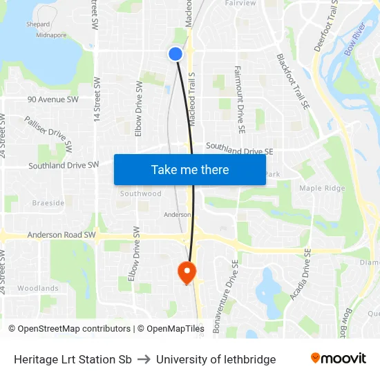 Heritage Lrt Station Sb to University of lethbridge map