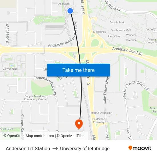 Anderson Lrt Station to University of lethbridge map