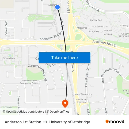 Anderson Lrt Station to University of lethbridge map
