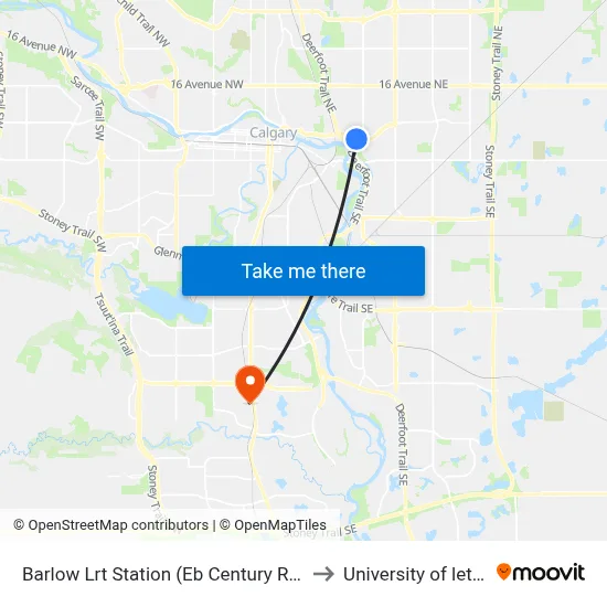 Barlow Lrt Station (Eb Century Ri @ 19 St Ne) to University of lethbridge map