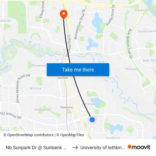 Nb Sunpark Dr @ Sunbank Wy SE to University of lethbridge map