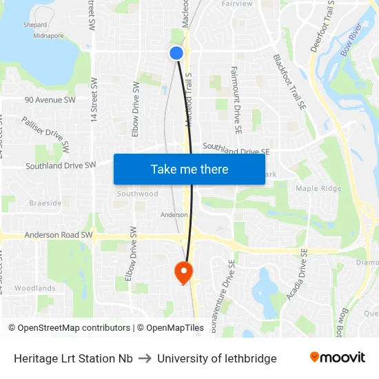 Heritage Lrt Station Nb to University of lethbridge map