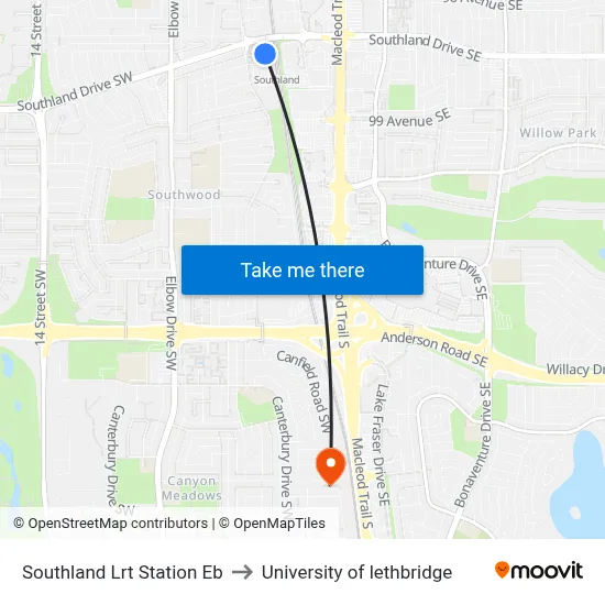 Southland Lrt Station Eb to University of lethbridge map