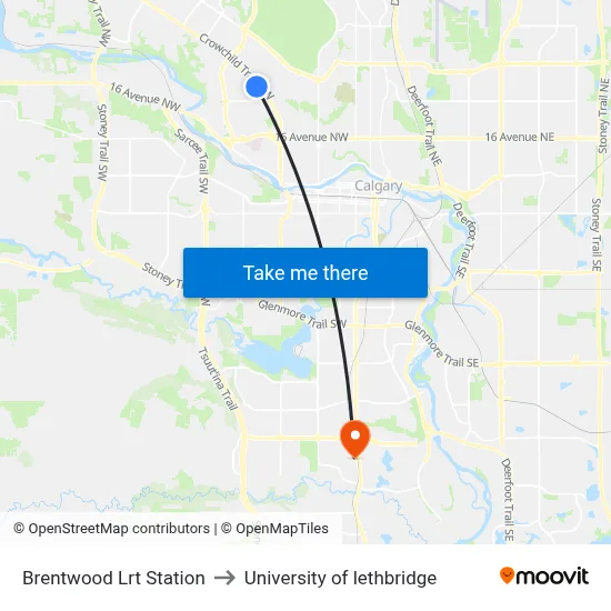Brentwood Lrt Station to University of lethbridge map