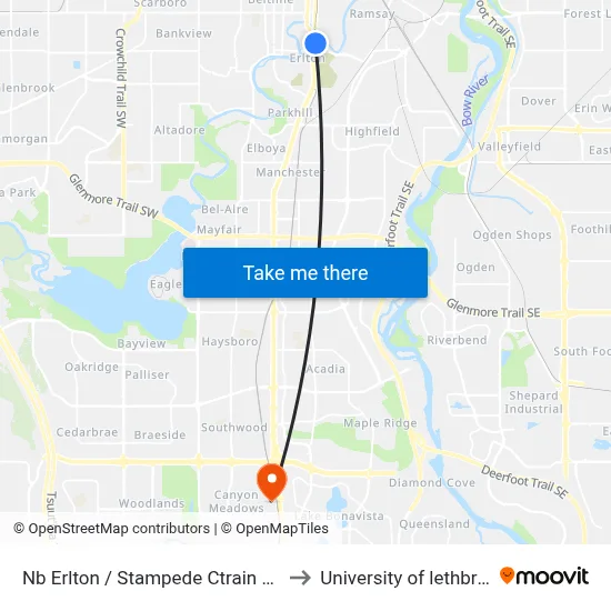 Nb Erlton / Stampede Ctrain Staion to University of lethbridge map