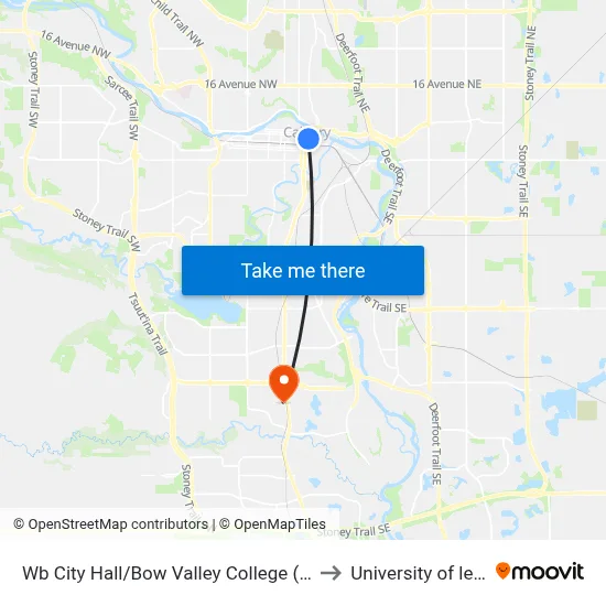 Wb City Hall/Bow Valley College (Free Fare Zone) to University of lethbridge map