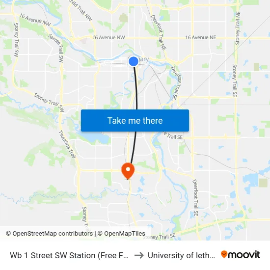 Wb 1 Street SW Station (Free Fare Zone) to University of lethbridge map