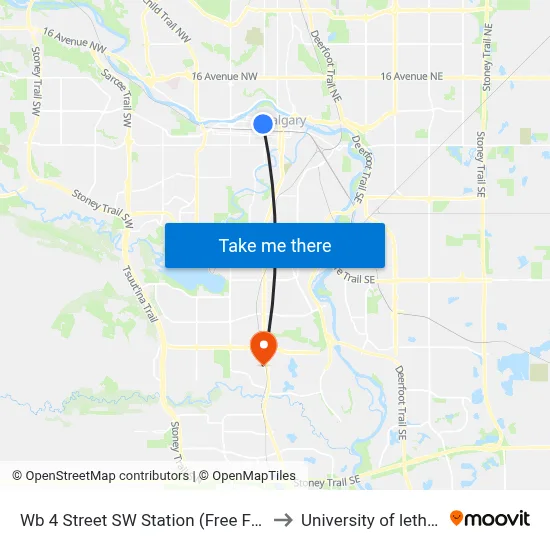 Wb 4 Street SW Station (Free Fare Zone) to University of lethbridge map