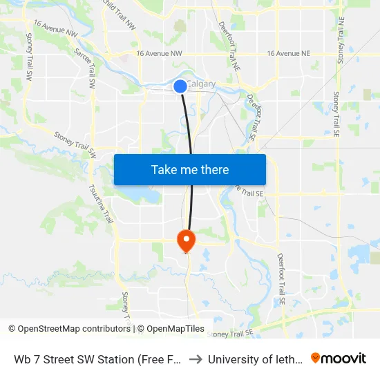 Wb 7 Street SW Station (Free Fare Zone) to University of lethbridge map