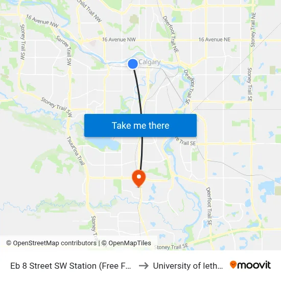 Eb 8 Street SW Station (Free Fare Zone) to University of lethbridge map