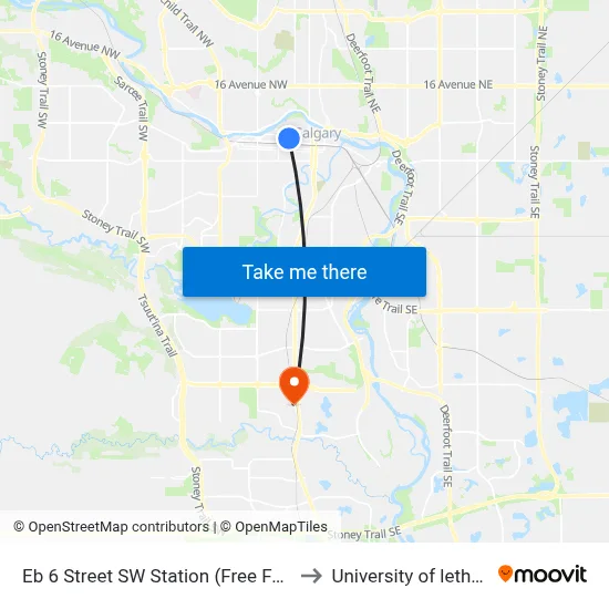 Eb 6 Street SW Station (Free Fare Zone) to University of lethbridge map