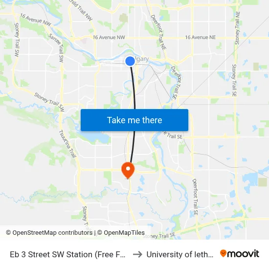 Eb 3 Street SW Station (Free Fare Zone) to University of lethbridge map