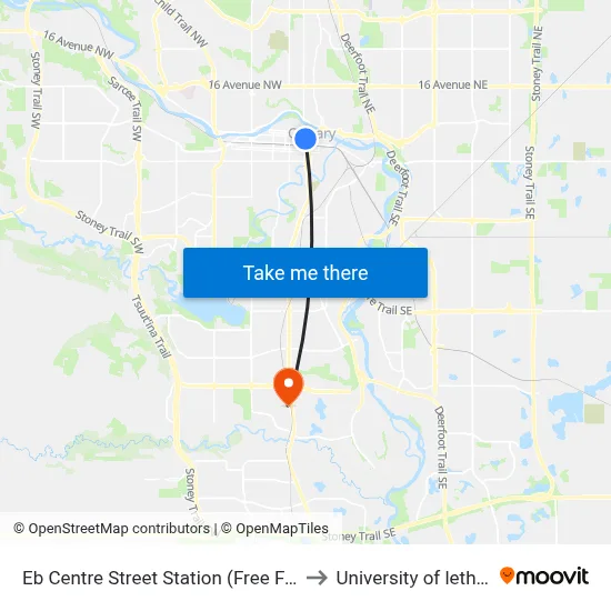 Eb Centre Street Station (Free Fare Zone) to University of lethbridge map