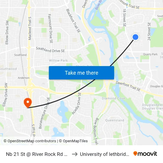 Nb 21 St @ River Rock Rd SE to University of lethbridge map