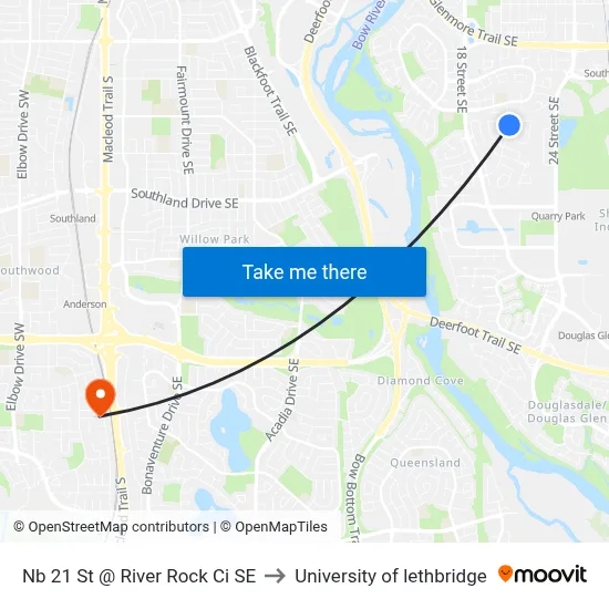 Nb 21 St @ River Rock Ci SE to University of lethbridge map