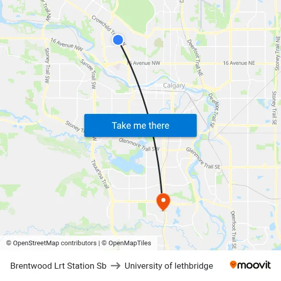 Brentwood Lrt Station Sb to University of lethbridge map