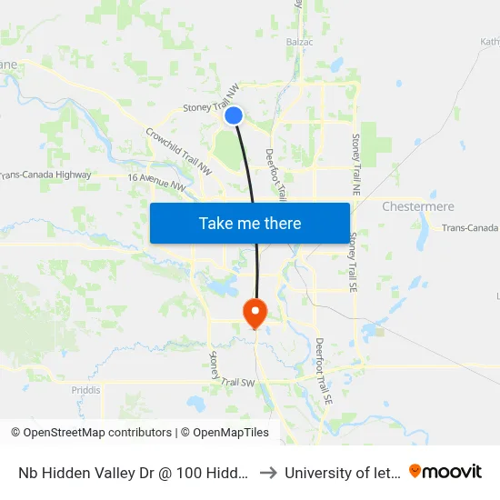Nb Hidden Valley Dr @ 100 Hidden Vale Pl NW to University of lethbridge map