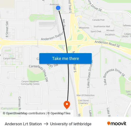 Anderson Lrt Station to University of lethbridge map