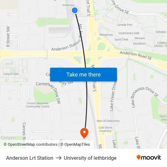Anderson Lrt Station to University of lethbridge map