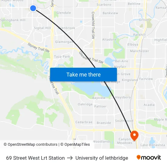 69 Street West Lrt Station to University of lethbridge map