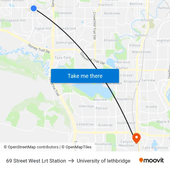 69 Street West Lrt Station to University of lethbridge map