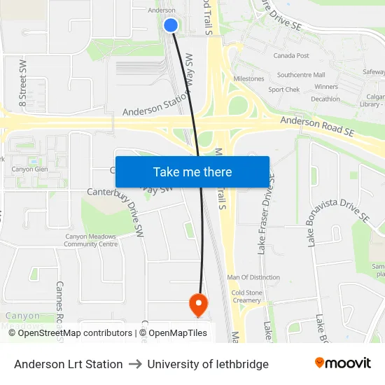 Anderson Lrt Station to University of lethbridge map
