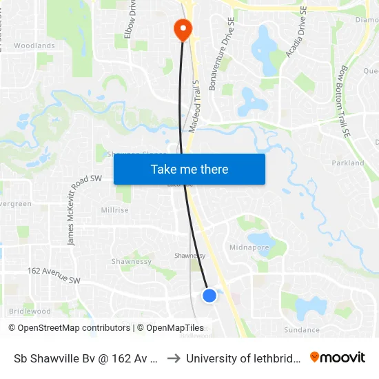 Sb Shawville Bv @ 162 Av SE to University of lethbridge map