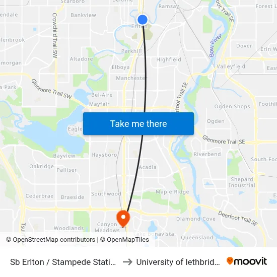 Sb Erlton / Stampede Station to University of lethbridge map