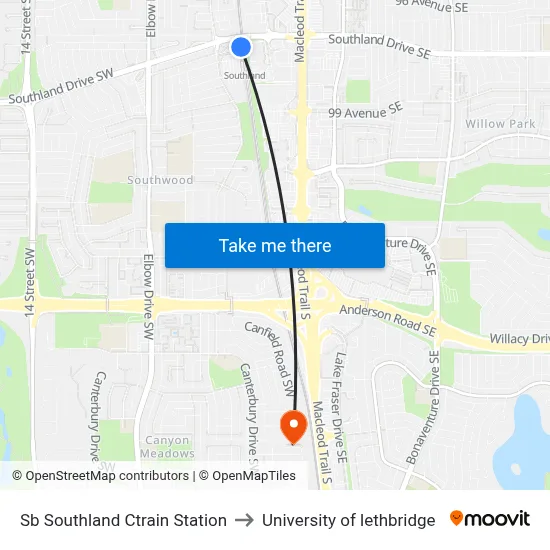Sb Southland Ctrain Station to University of lethbridge map